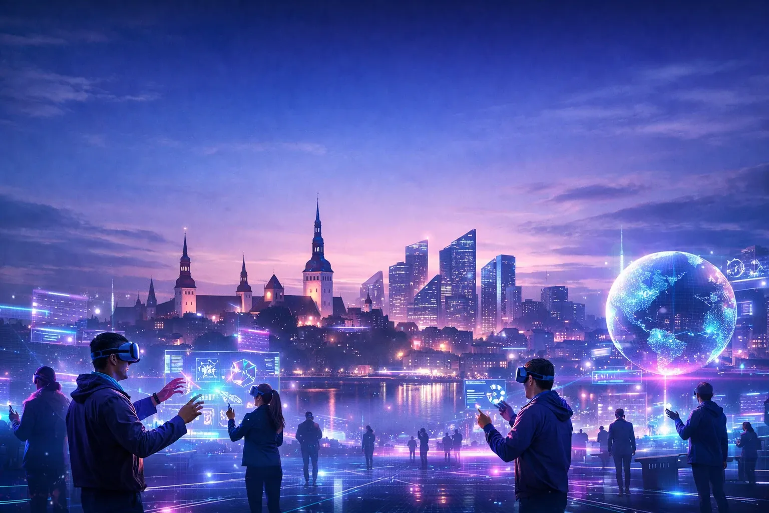 XR Tallinn 2026 – rahvusvaheline VR ja AR konverents Tallinnas – futuristlik Tallinna siluett koos vanalinna tornide ja modernsete hoonetega, holograafilised XR/AR liidesed