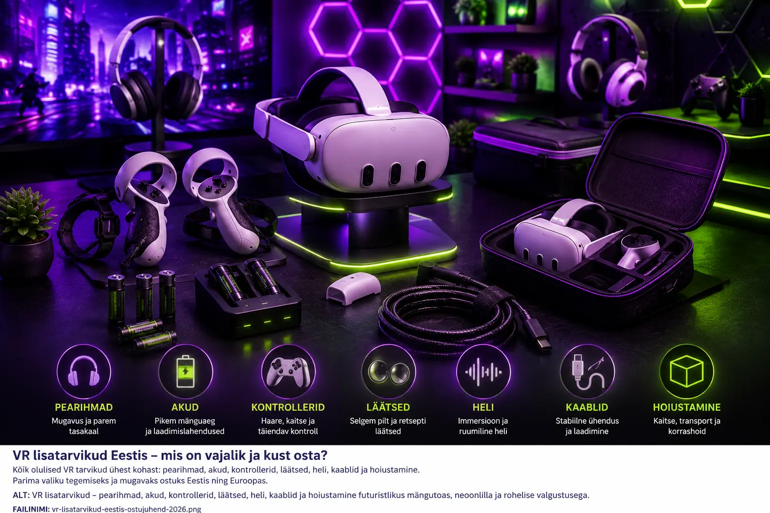 VR lisatarvikute komplekt futuristlikus mängutoas – pearihmad, akud, kontrolleritarvikud, läätsed, heli, kaablid ja hoiustamislahendused VR-prillidele.