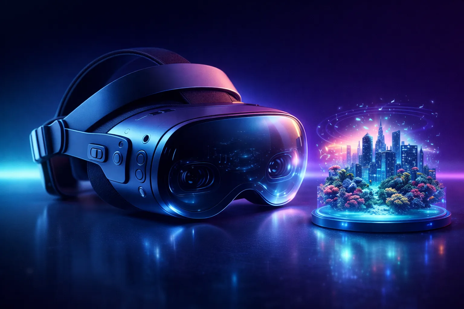 Futuristlik VR-prillide close-up koos holograafilise mini VR-kogemusega, digitaalne linn ja veealune korallriff, näidates immersiivset virtuaalreaalsust