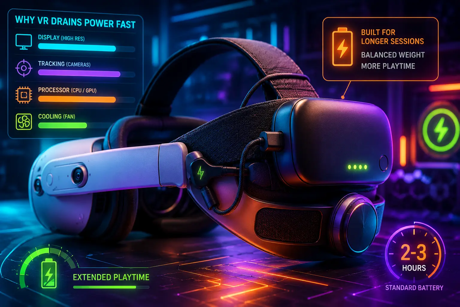 Battery strap vs akupank – VR akulahenduste võrdlus. VR headset integreeritud battery strap’i ja eraldi akupangaga, 
          mis võrdleb erinevaid VR akulahendusi pikema mänguaja ja mugavama kasutuse jaoks.