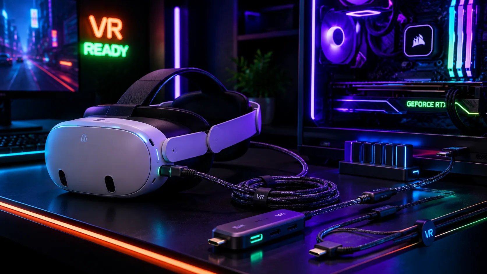 VR-prillide PCVR ühendus ja USB-C link cable tarvikud – VR peakomplekt, ühenduskaablid, USB-C hub ja mänguriarvuti RGB-valgustusega keskkonnas
